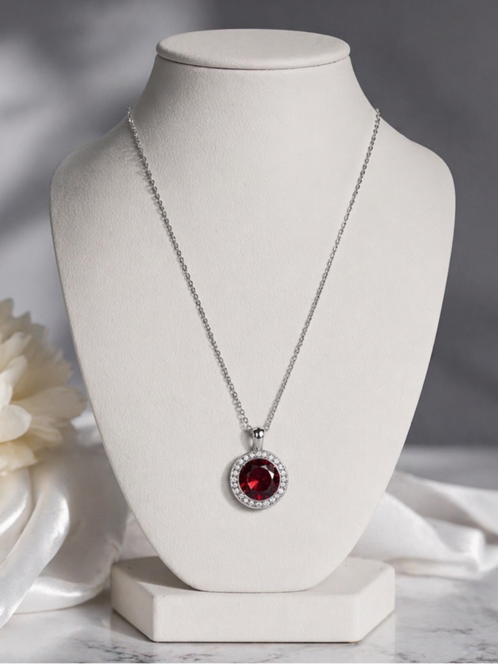 Elegant Silver Necklace with Red Gemstone Pendant